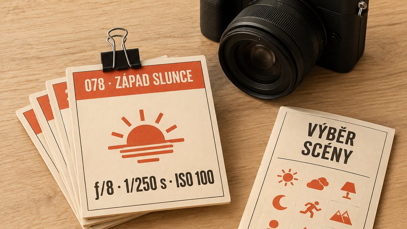 Balíček tištěných karet Kapesní fotograf vedle fotoaparátu na dřevěném stole